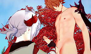 Genshin Impact Yaoi - Kazuha masturbates and sucks Tartaglia's cock until he cums twice - Japanese Asian Manga Anime Game Porn Gay