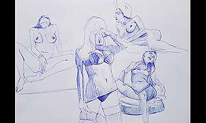 Ballpoint pen drawing  naked girls  With big boobs , sexy , HOT !